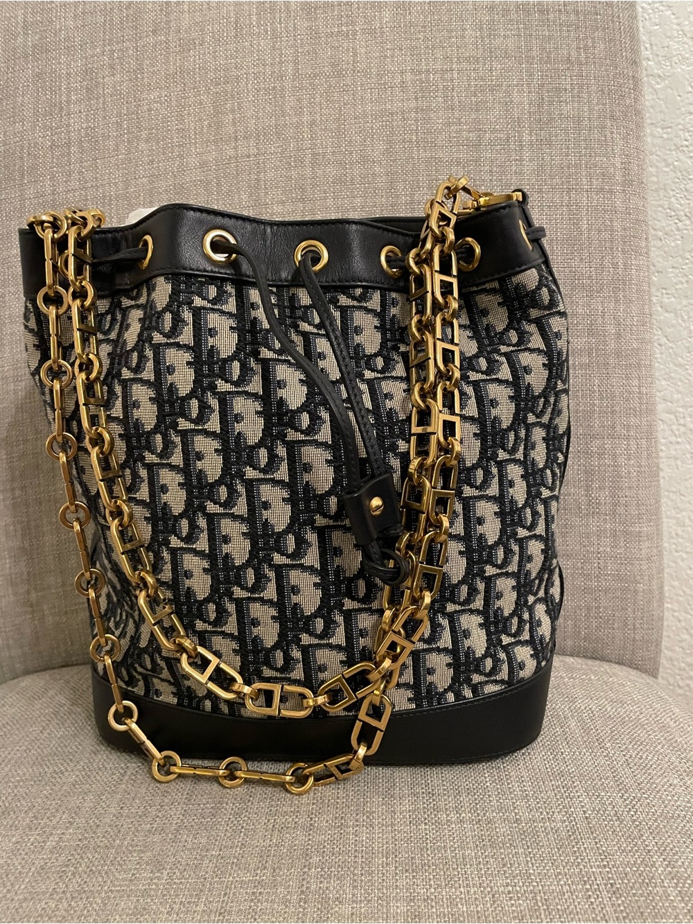 Christian Dior Blue Canvas Bucket Bag with Gold Chain